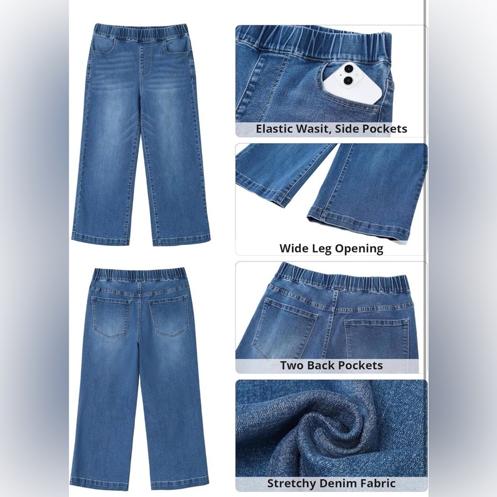 Large (fits 12 /14) pull on elastic waist wide leg cropped jeans medium wash - Picture 6 of 17